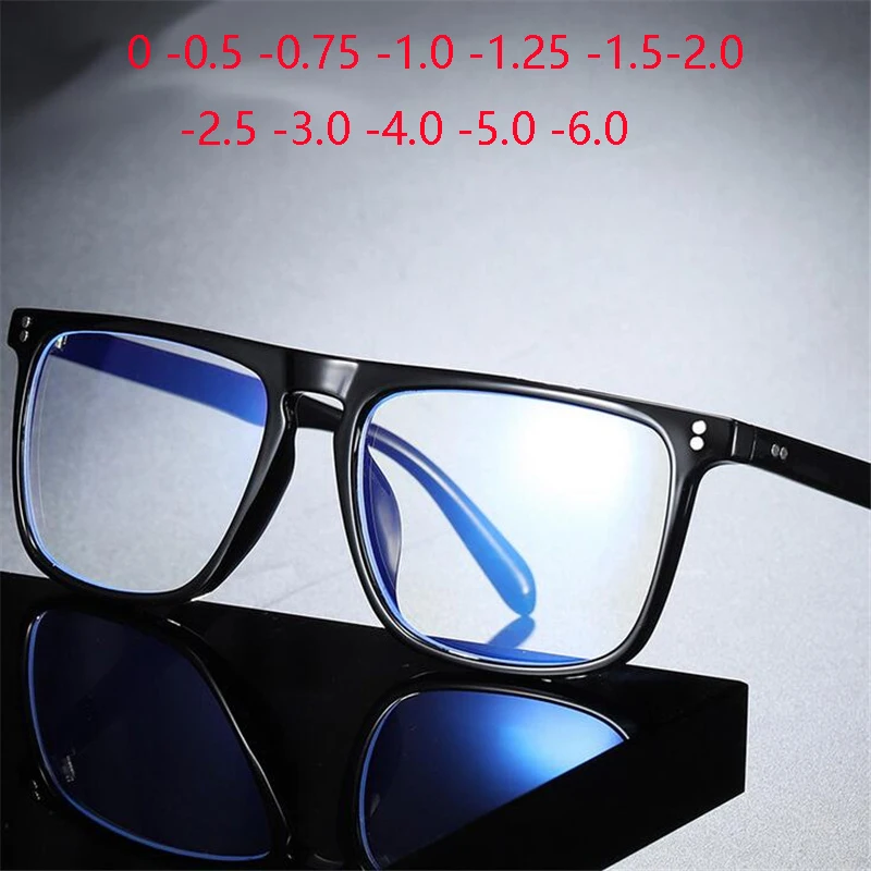 Blue Light Blocking Square Myopia Glasses Finished Unisex Retro Black Frame Student Prescription Spectacles 0 -0.5 -0.75 To -6.0