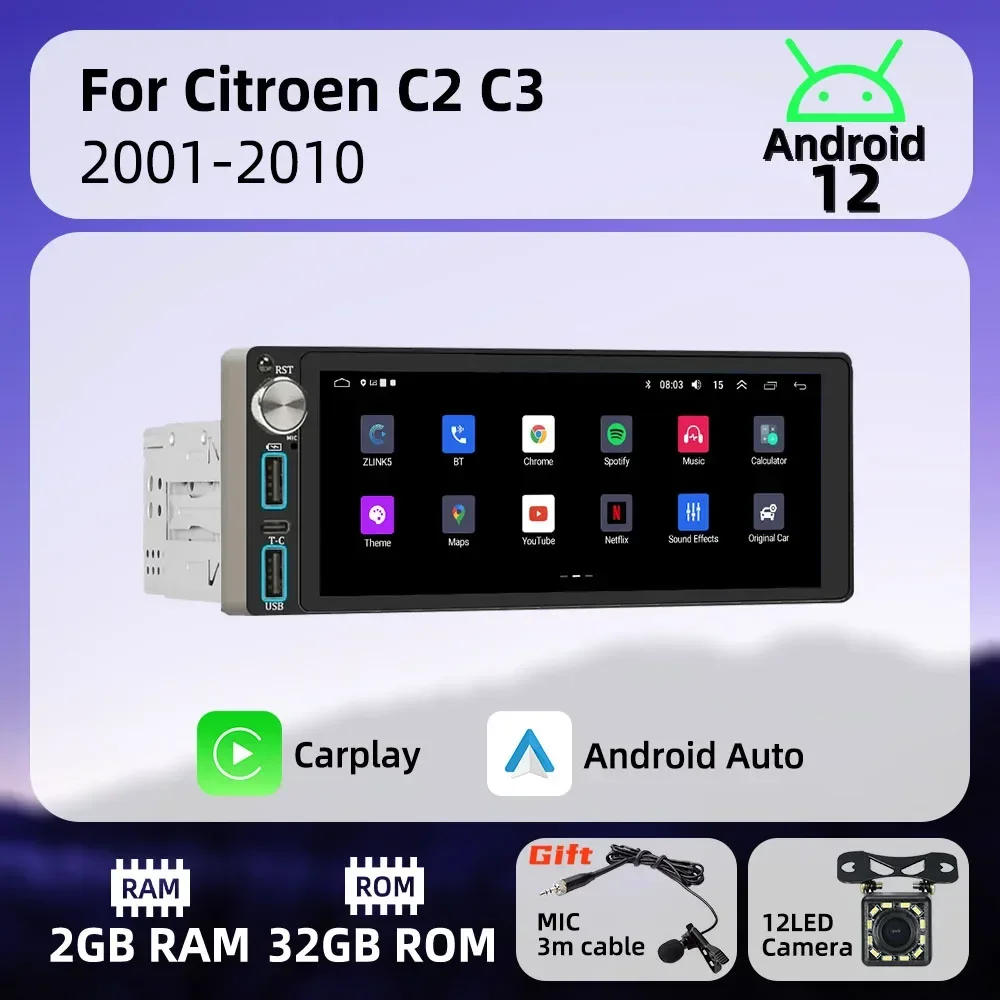 

Carplay 6.86" Screen 1 Din Radio Android Car Multimedia for Citroen C2 C3 2001-2010 Stereo Head Unit Autoradio GPS Navigation