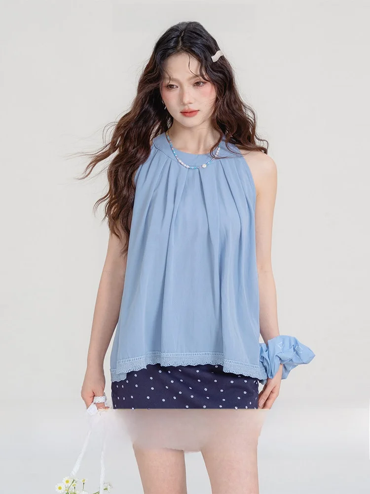 

Летний женский топ-жилет Loveheynew светло-голубого цвета с кружевной отделкой, приталенный, с эффектом похудения, сшитый из разных тканей