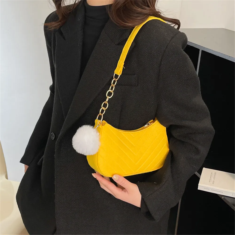 Fashion Felt Shoulder Bag for Women Purse Underarm Bag Advanced Texture Armpit Solid Casual Handbag Female Bag with PlushPendant