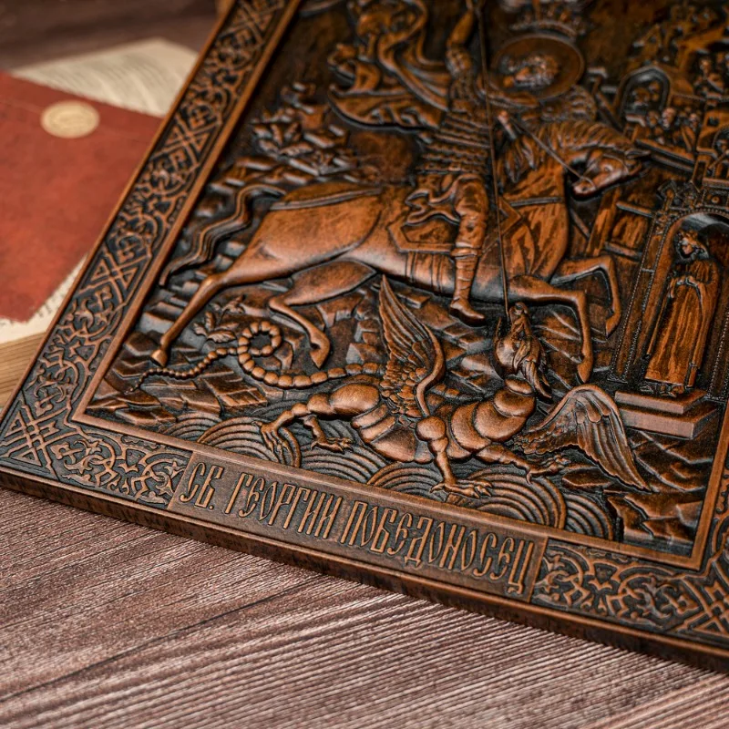Vintage Wood Carving St. George and The Dragon Religious Wall Decor Ornament Gift
