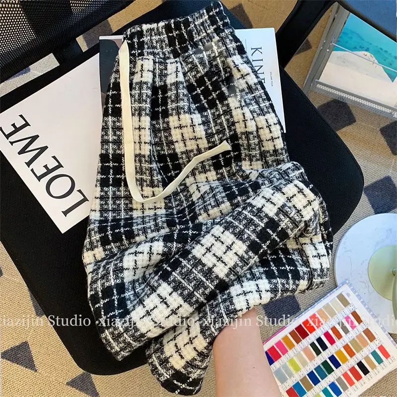 Winter Verdickte Breite Bein Hosen Vintage Lose Schwarz und Weiß Plaid Beflockung Casual Hosen Streetwear Frauen Koreanischen Stil