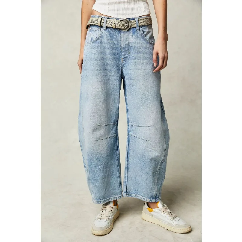 Jeans larghi a gamba dritta da donna di nuovo stile drappeggiati pantaloni lunghi per il tempo libero a gamba larga lavati pantaloni da donna in denim a vita alta