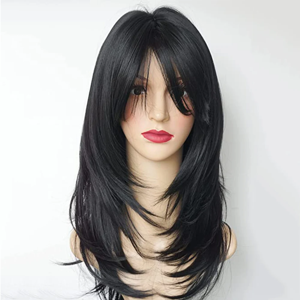 WHIMSICAL W Natural Black Long Wavy Synthetic Wig with Bangs for Women Daily Cosplay Heat Resistant Fiber Wigs