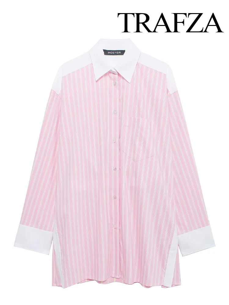 

TRAFZA Women's Fashion Versatile Pink Striped Poplin Turn Down Collar Shirt Top Female Elegant Retro Single Breasted Casual Top