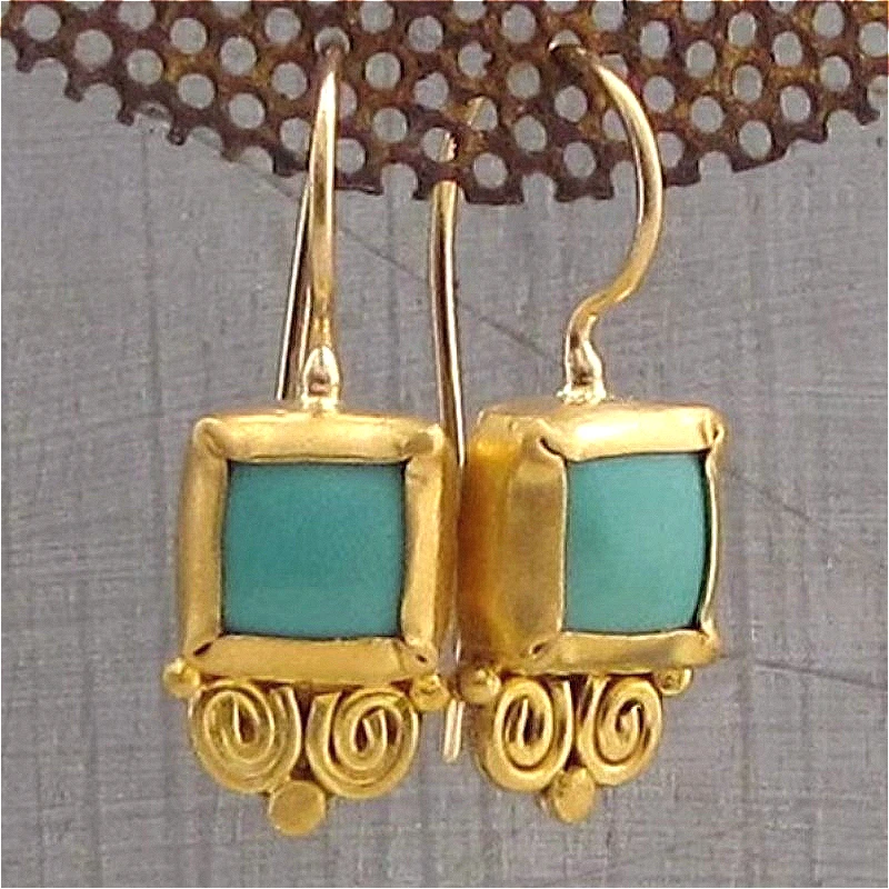 Vintage-Charme, eingelegte quadratische goldene Hängeohrringe mit synthetischem Türkis, Damenmode, klassischer Schmuck, Geschenk für Festivals und Jubiläen