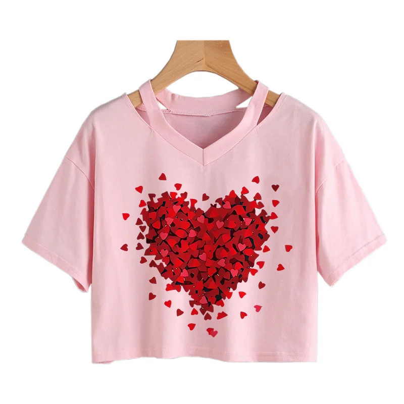 Women Red Heart Print Cropped T-Shirt for Valentine's Day Gifts Short Sleeve T-Shirt Sexy Every Day Crop Tops Women's Clothing