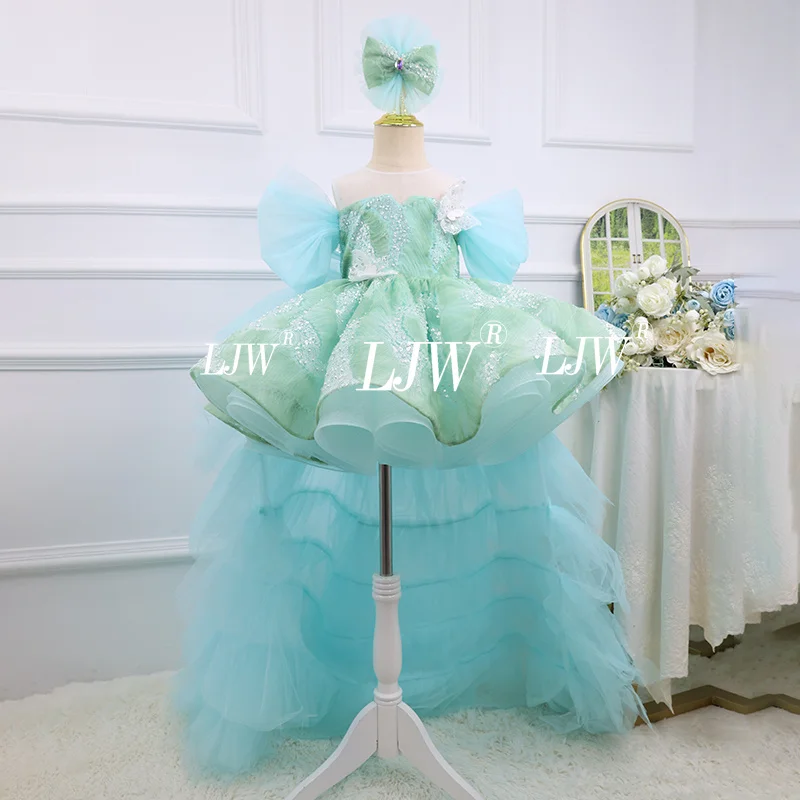 LJW Pink flower girl wedding dress long tulle elegant bridesmaid costume catwalk piano performance costume summer girl costume