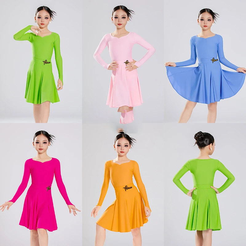 

Professional level Latin dance exam uniform for children and girls, long sleeved nylon high-end split standard