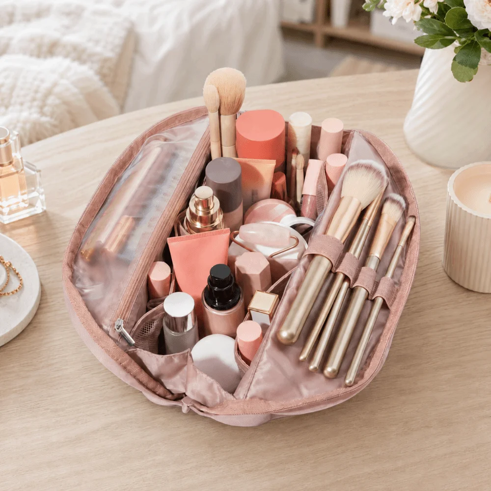 Foldable Travel Makeup Bag Multi-Compartment Adjustable Dividers Toiletry Pouch Brush Holder Portable Cosmetic Storage Case