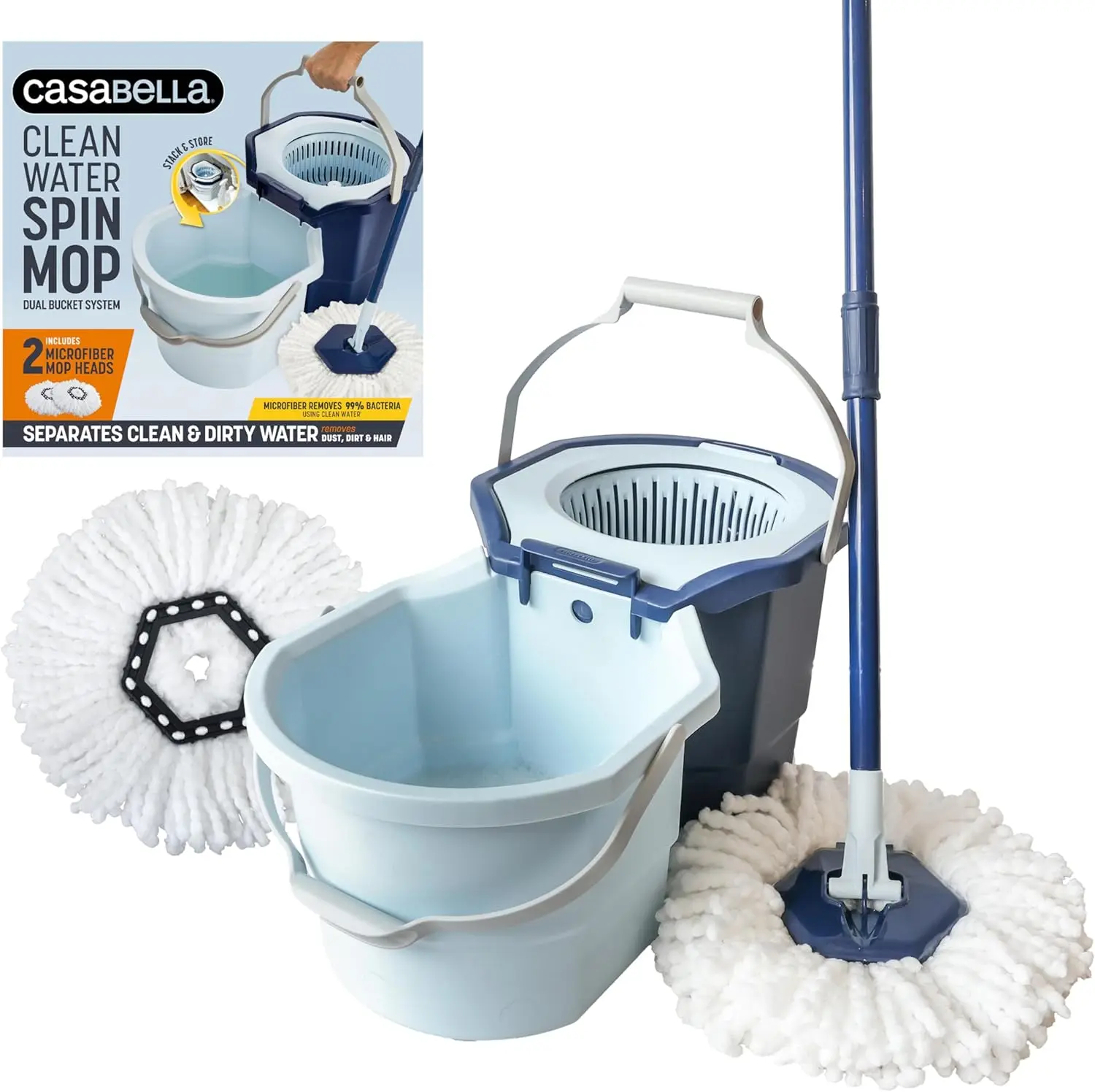

Dual Bucket Spin Mop Set with Extra Refill Splash Guard Measuring Cup Scraper and Foot Pedal Wringer 1.25 Gallon