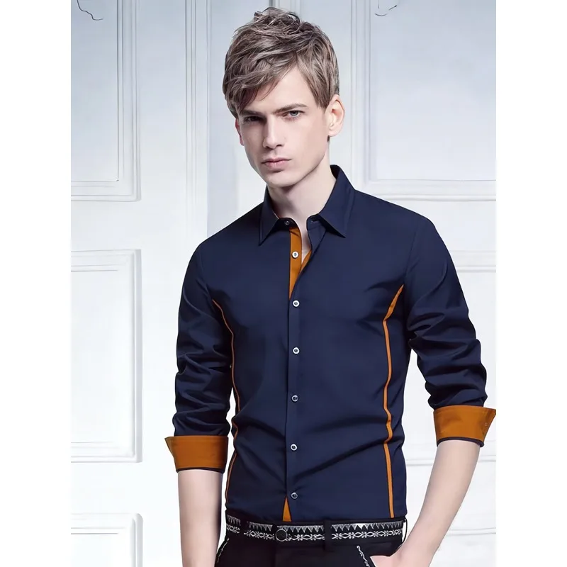 

Мужская рубашка с контрастной отделкой, длинный рукав, темно-синяя с оранжевым кантом, деловой повседневный стиль, на пуговицах