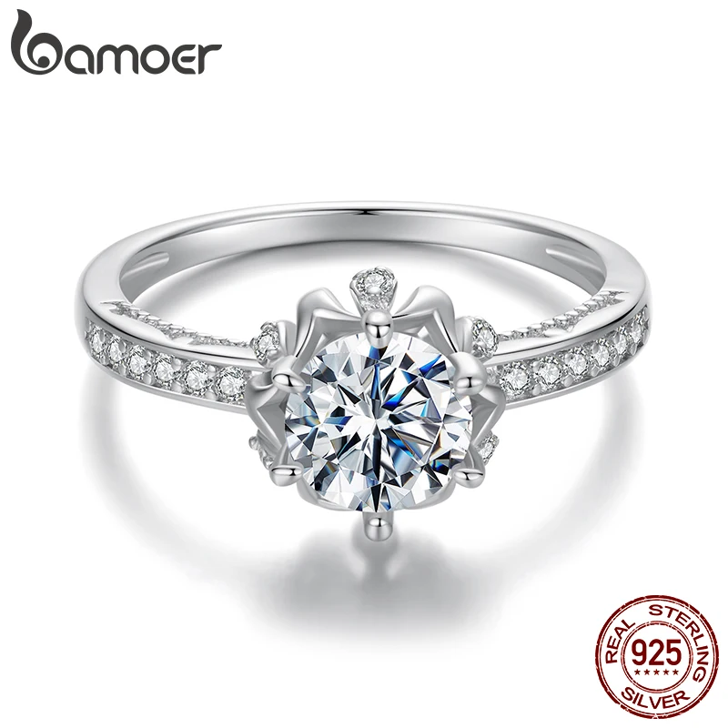 BAMOER D Color VVS1 EX Moissanite Flower Ring 1ct Round Moissanite Diamond Solitaire Engagement 925 Sterling Silver Rings For Wo