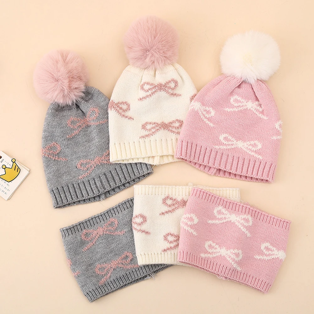 

Winter Baby Hat Scarf Set Jacquard Bow Plush Warm Caps Sweet Girls Infant Beaines For Kids 6-36 Month