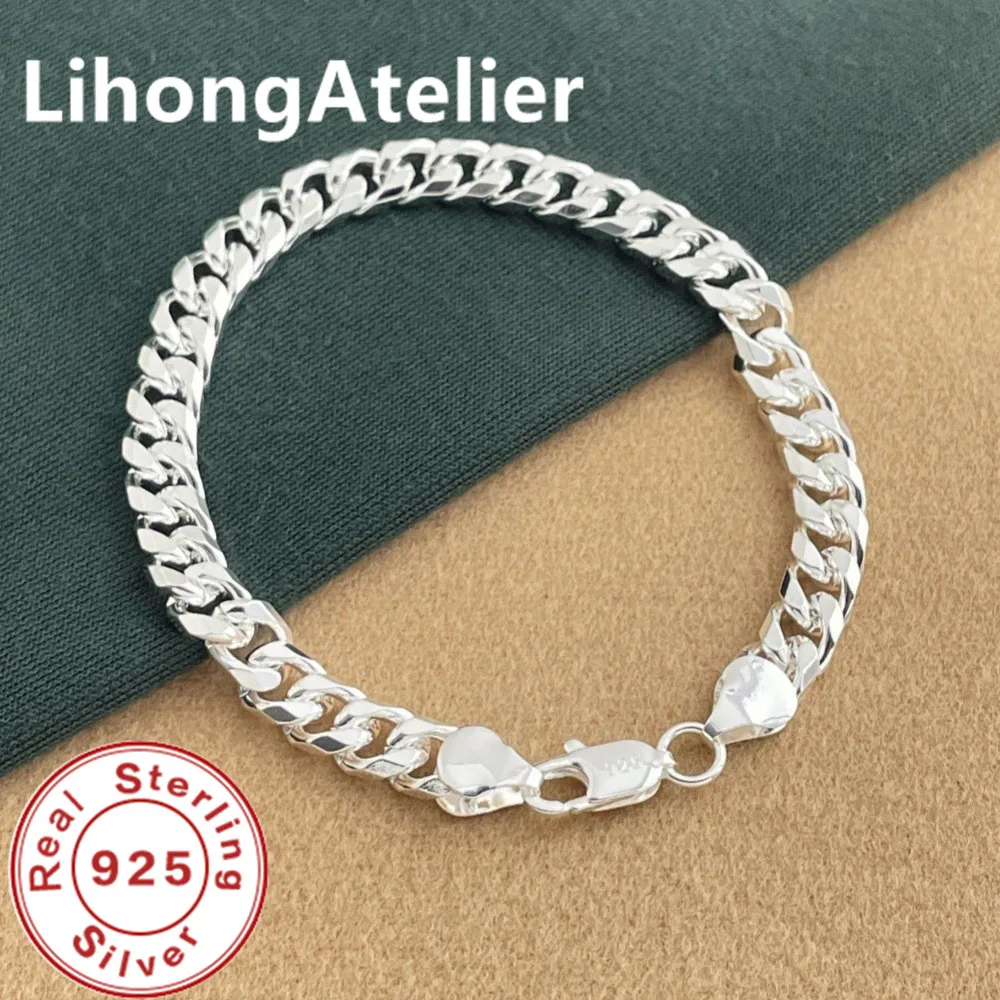 Classic 925 Sterling Silver Bracelet 6mm Cuban Sideways NK Bracelet Women Men Jewelry Gift
