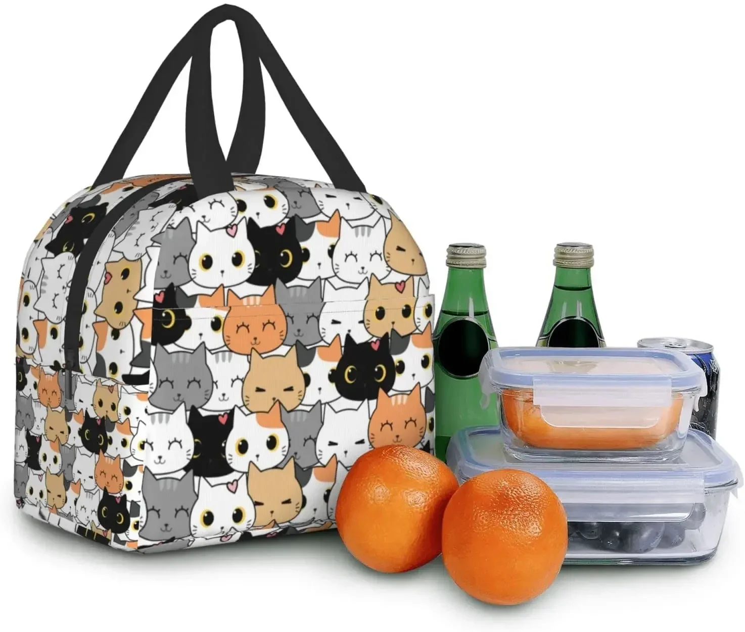 Cute Cat Prints Lunch Bag Thermal Lunch Bag with Spacious Compartment Built-In Handle Portable Lunch Bag for Women Boys Girls