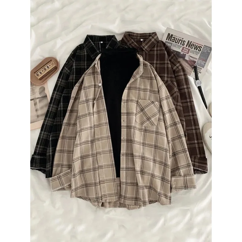 

Vintage Women Plaid Shirts Autumn Long Sleeve Oversize Button Up Tops Korean Loose Casual Fall Outwear Femme Shirts