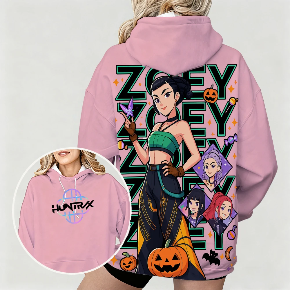 Sudadera con capucha para mujer con estampado de dibujos animados de KPop Demon Hunters Zoey, perfecta para estilo callejero, con diseño moderno temático de Halloween