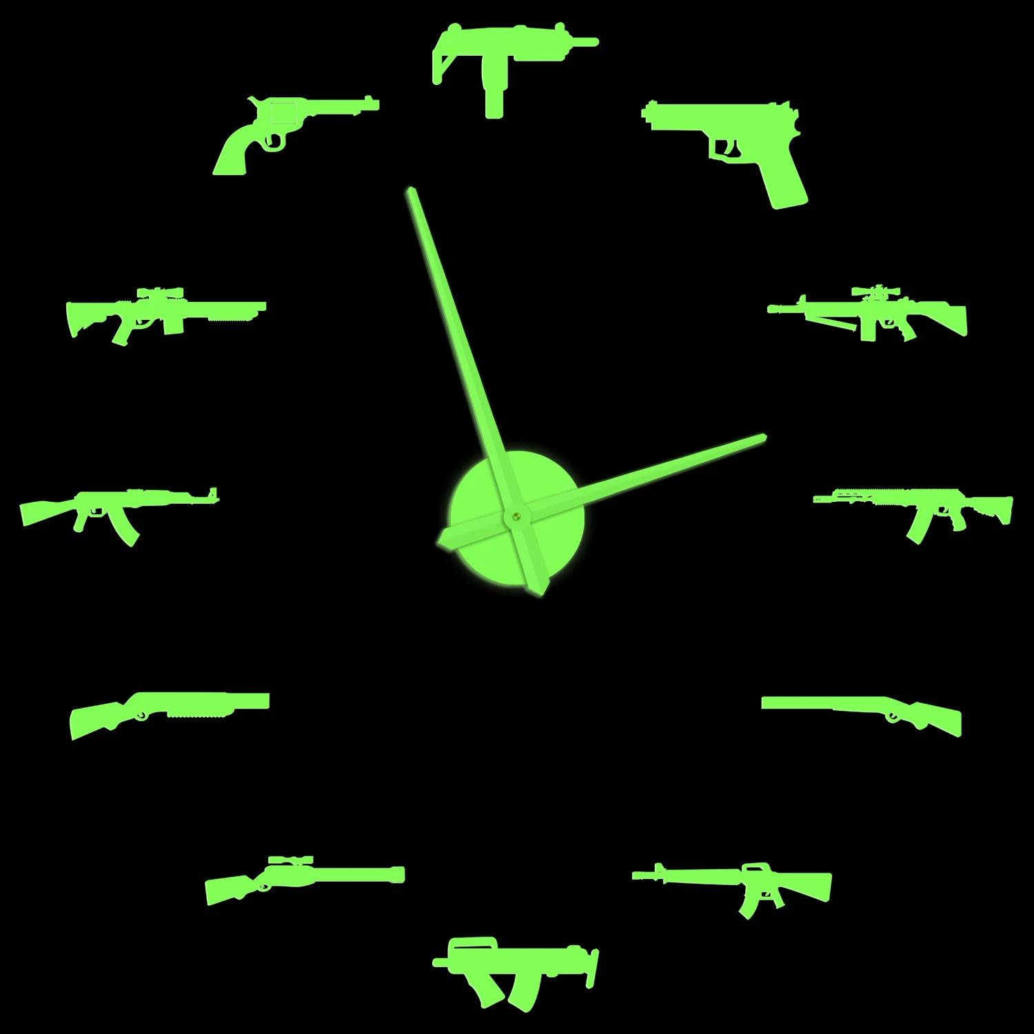 Variety Guns Illuminated Wall Clock Glow in Dark Tactical Army Rifle Ammo Weapons Self Adhesive DIY Silent Watch For Man Cave