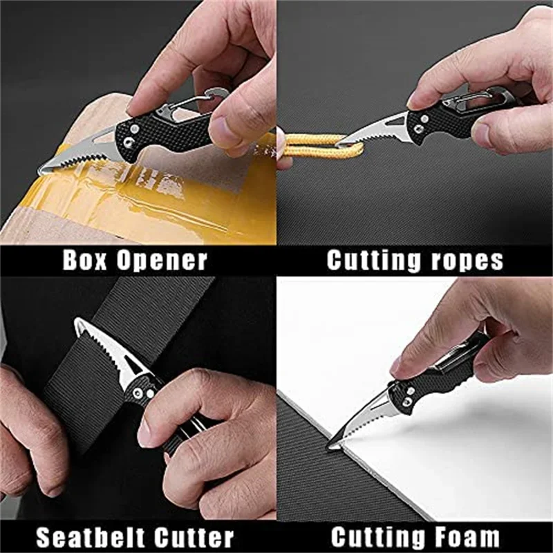 Outdoor Camping Portable Folding Knife Multifunctional Serrated Hook Knife Stainless Keychain Survival Cutter Tool Box Opener