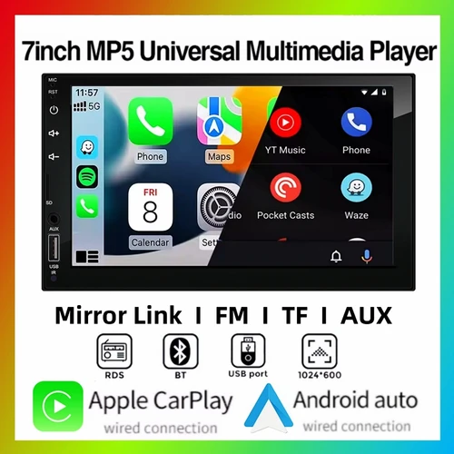 Imagen 1 del producto Reproductor de vídeo MP5 Multimedia para coche 2DIN de 7 pulgadas con cable CarPlay Android Auto Mirrorlink pantalla táctil FM AUX Bluetooth USB carga rápida