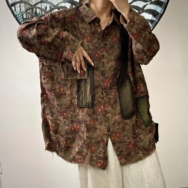 Masss Wasss Autumn Fashion Floral Tops Womens Vintage Classic Printed Patchwork Shirts Ladies Casual Streetwear Cotton Blouses