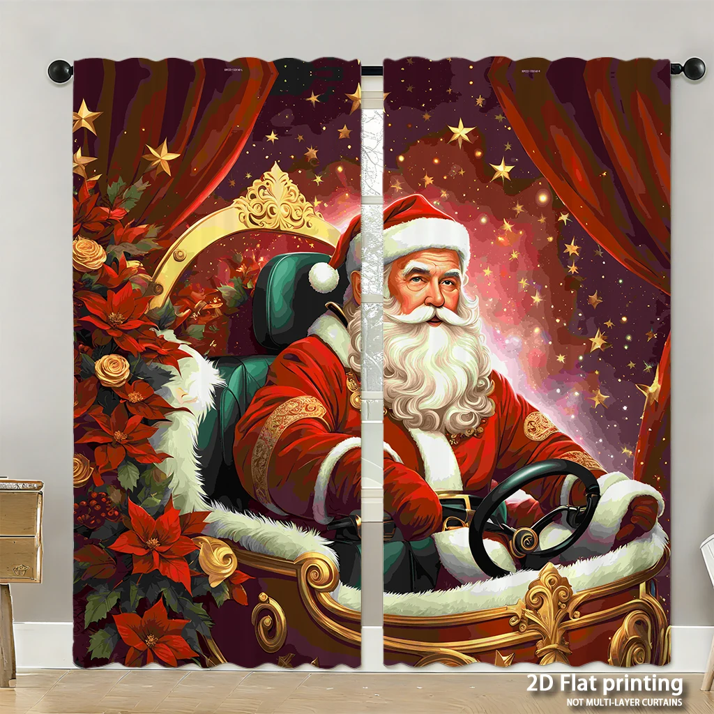 2-piece set of high-definition digital printed curtainsChristmas Santa Claus red gold festive floralHome decoration style
