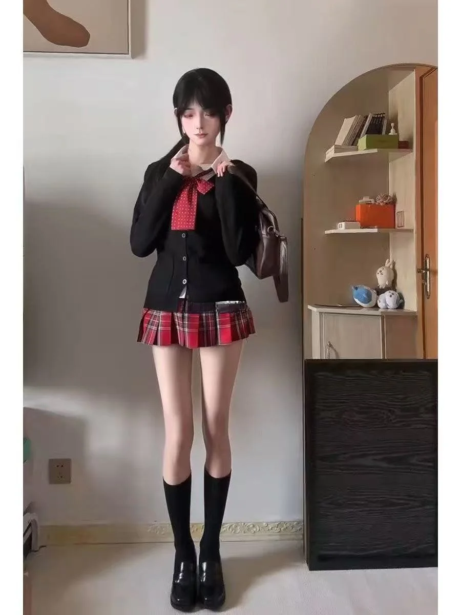 

Кардиган оригинального дизайна с длинными рукавами, осенне-зимний комплект с юбкой в горошек, на пуговицах, с воротником, модный...