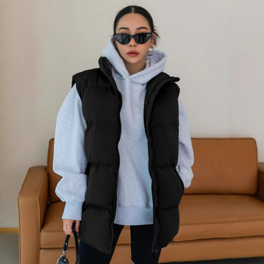 

Осень-зима 2022, новый корейский модный женский хлопковый жилет средней длины с капюшоном, тонкий хлопковый жилет без рукавов