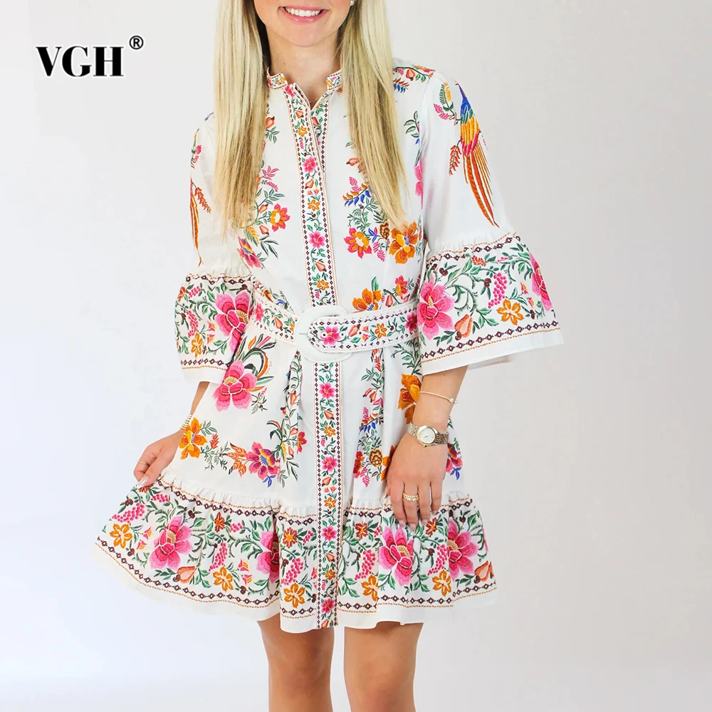 

VGH Designer Slimming Spliced Belt Dresses For Women Round Neck Half Sleeve High Waist Temperament Dress Female Fashion Style