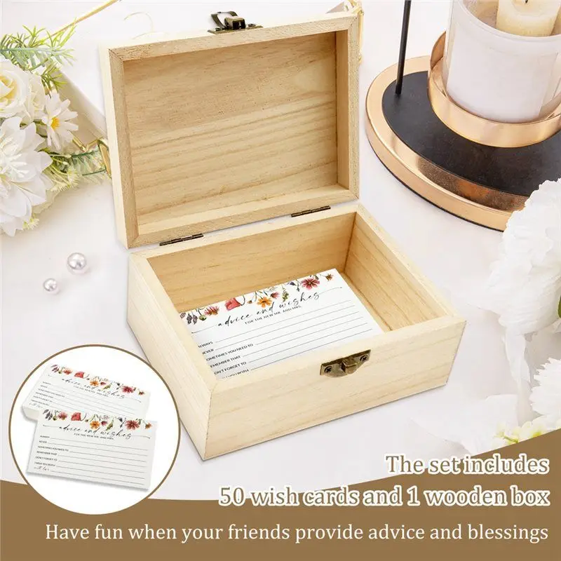 ABZZ-Wooden For Home Party Storage Box With Metal Lock 50 Card Postcard Organizer Wedding Advice Card Decor