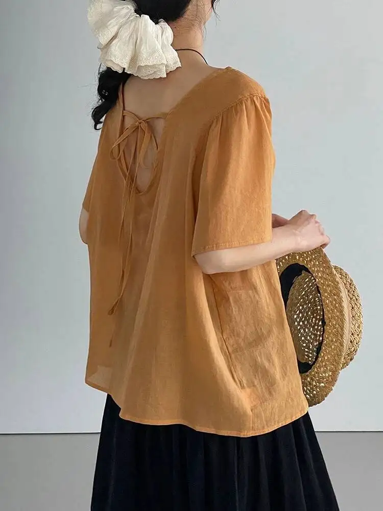 Women Orange Back Bandage Linen Big Size T-shirt New Round Neck Short Sleeve Fashion Tide Spring Summer