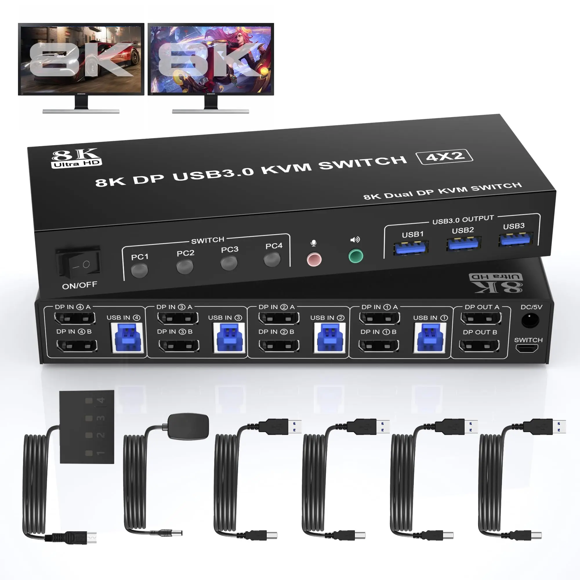 

8K Displayport USB 3.0 KVM Switch 2 Monitors for 4 Computers, DP1.4 KVM Switch 4 Port with Audio Microphone Output