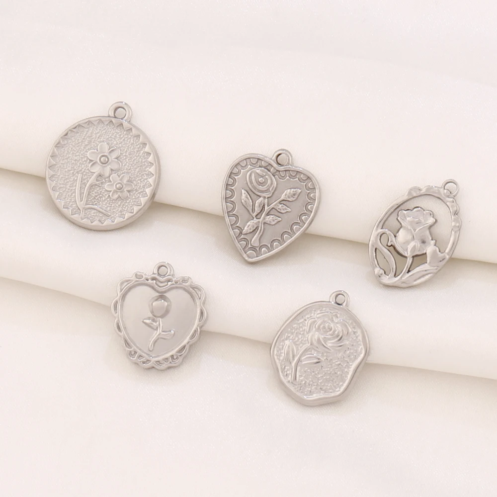 3pcs Stainless Steel Flower Pendant 18K Gold Plated Heart Rose Charms Pendant For DIY Jewelry Making Supplies Accessories