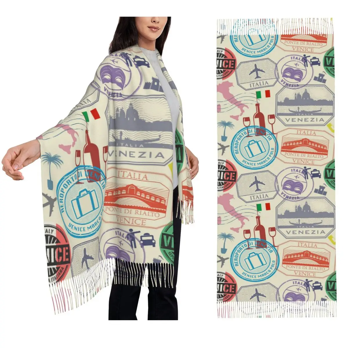 

Путешествия, штампы для паспорта, шарф на тему Венеции, шарфы с кисточками, женские теплые шали и накидки, большая осенне-зимняя шаль