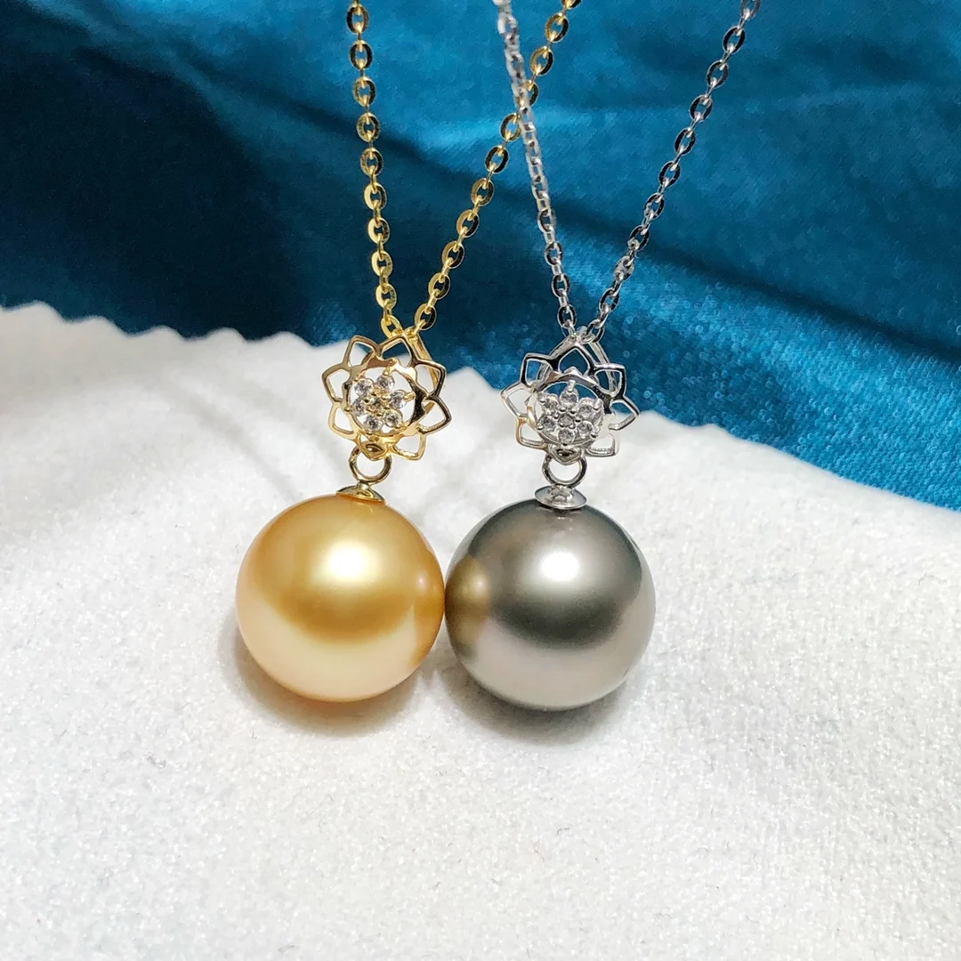 JY  Fine Jewelry Solid 18K Gold Round 11-12mm Nature Sea Water Tahiti Black Pearls or sea Golden Pendants Necklaces for Women