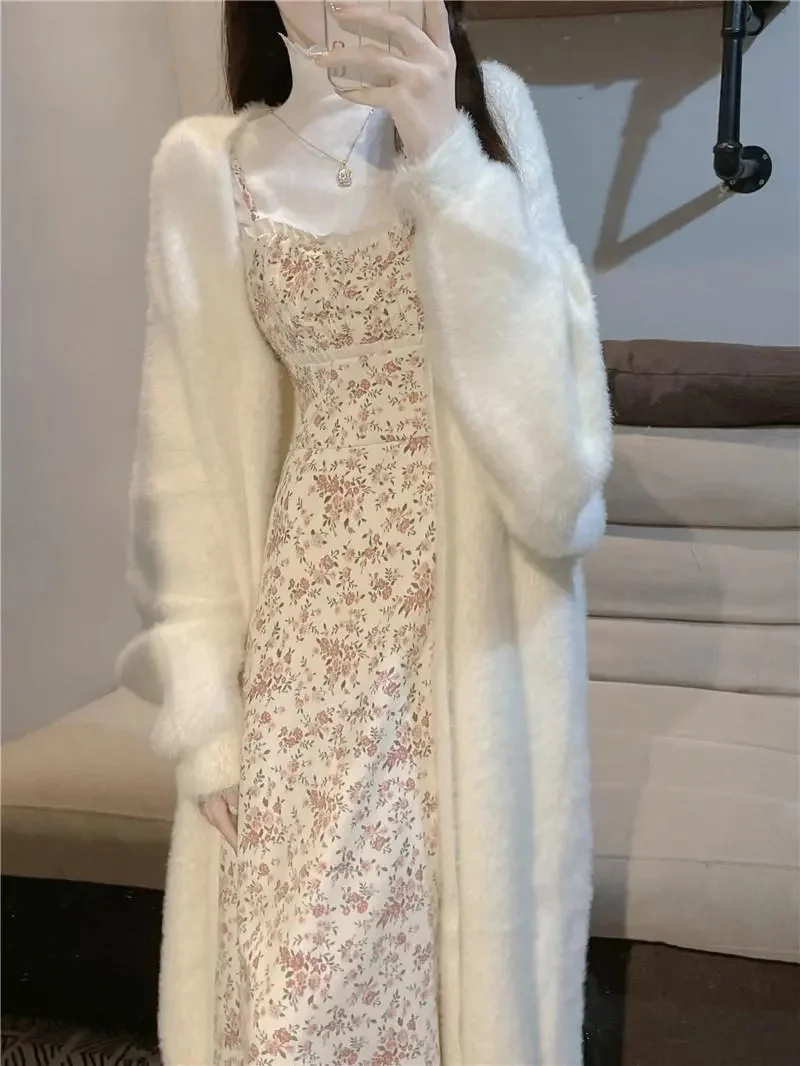 White Faux Mink Fur Knitted Coat for Women Mid to Long Pure Desire Style Loose and Lazy Winter Style Cardigan Sweater Thickened