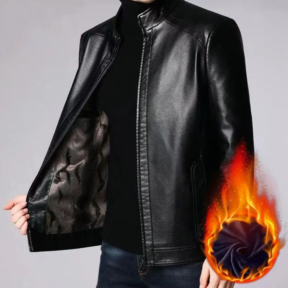 

Men Faux Leather Coat Imitation Leather Jacket Mid-aged Men's Windproof Faux Leather Motorcycle Jacket with Plush Heat Retention