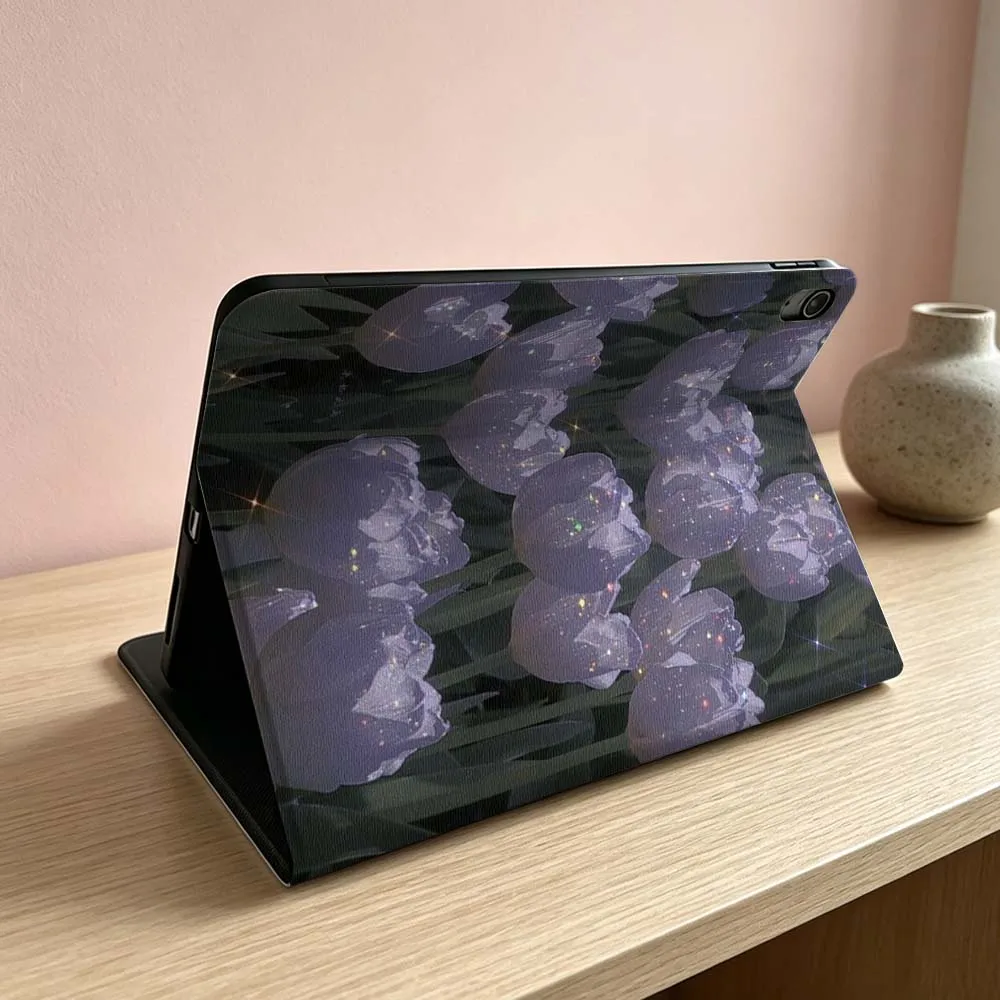 White Lily Tulip Pattern Soft For iPad Pro Air mini 7 6 5 4 3 2 1 9gen M5 M4 11th 10th A17 Pro A16 Foldable Tablet Case