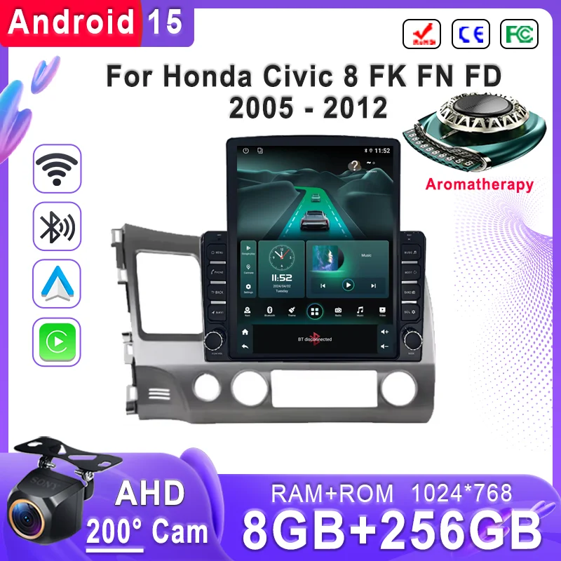 Android 16 Car For Honda Civic 8 FK FN FD 2005 - 2012 GPS Navigation High-performance CPU DVD Player Car Stereo Head Unit Wifi