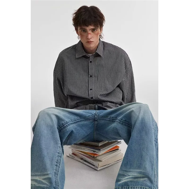 

Мужская рубашка в американском ретро-стиле в клетку с длинным рукавом, повседневная, свободного кроя, дышащая, удобная, из материала PU, с подкладкой из флиса, утолщенный воротник