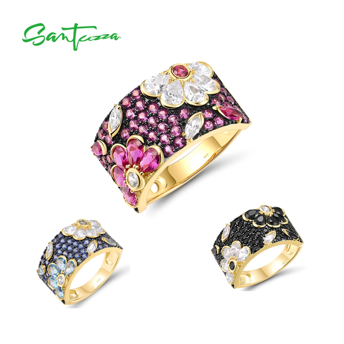 SANTUZZA Genuine 925 Sterling Silver Ring For Women Sparkling Black /Pink/Blue Spinel Colorful Flower Elegant Party Fine Jewelry