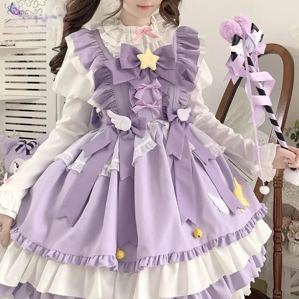 

Sweet Lolita JSK Straped Dress Loli Dresses Female Soft Girls Wing Bow Ruffle Fungus Ball Gown Women Dress 2025 Hot Sale Pink