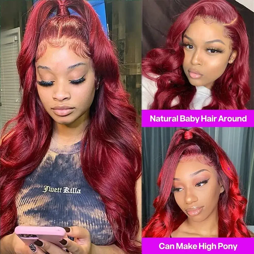 Wig gelombang tubuh merah marun 99J renda Wig depan 13x4 HD renda depan rambut manusia telah ditanami 99j Wig berwarna merah