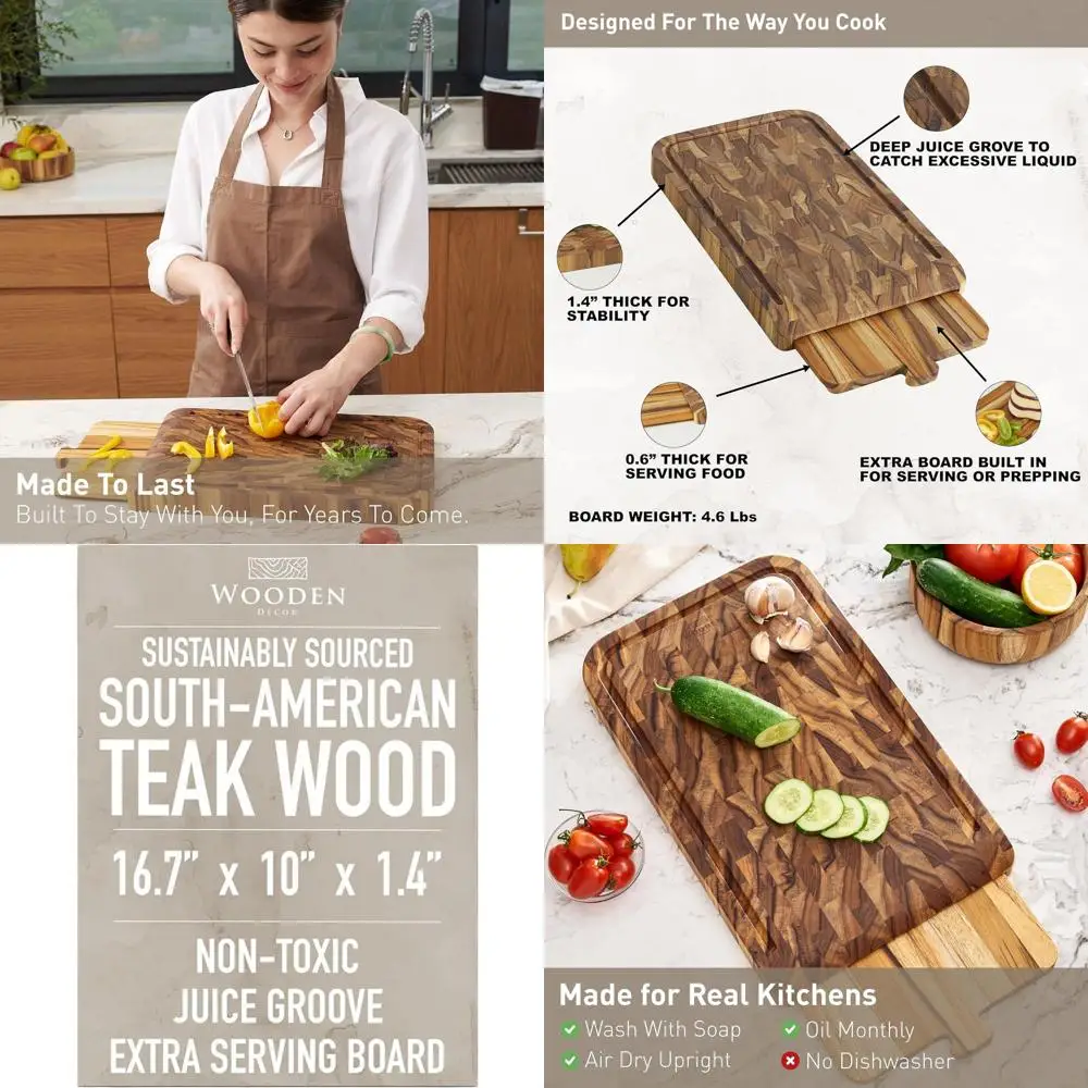 

Large Teak Wood 2-in-1 Cutting Board and Serving Tray with Juice Channel, Food-Safe, 16.75 x 10 x 1.4