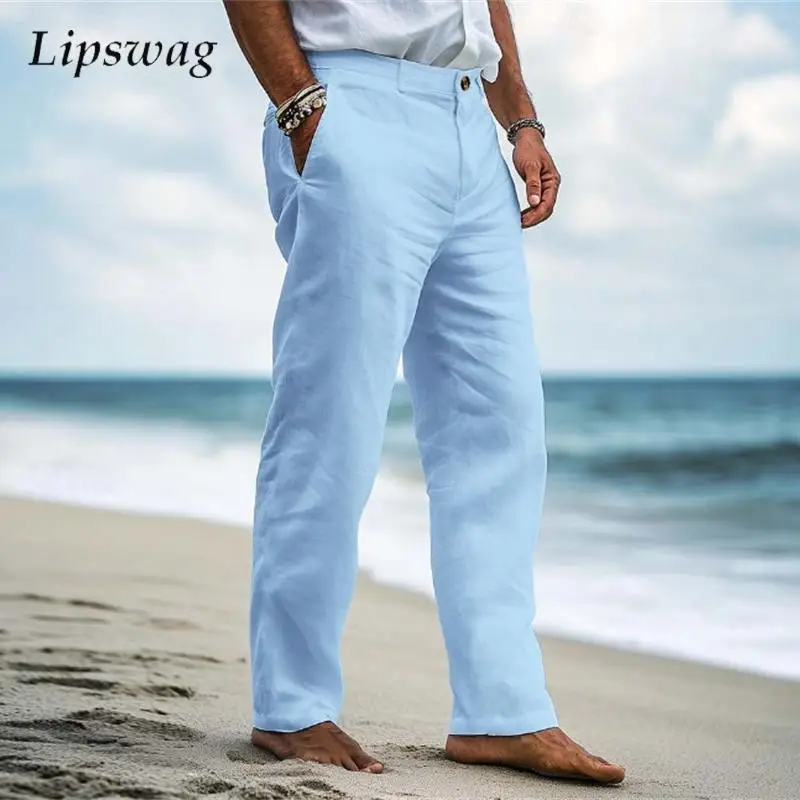 

Leisure Mens Solid Color Linen Pants Vintage Loose Linen Trousers Men 2026 Spring Fall Business Casual Straight Linen Pants