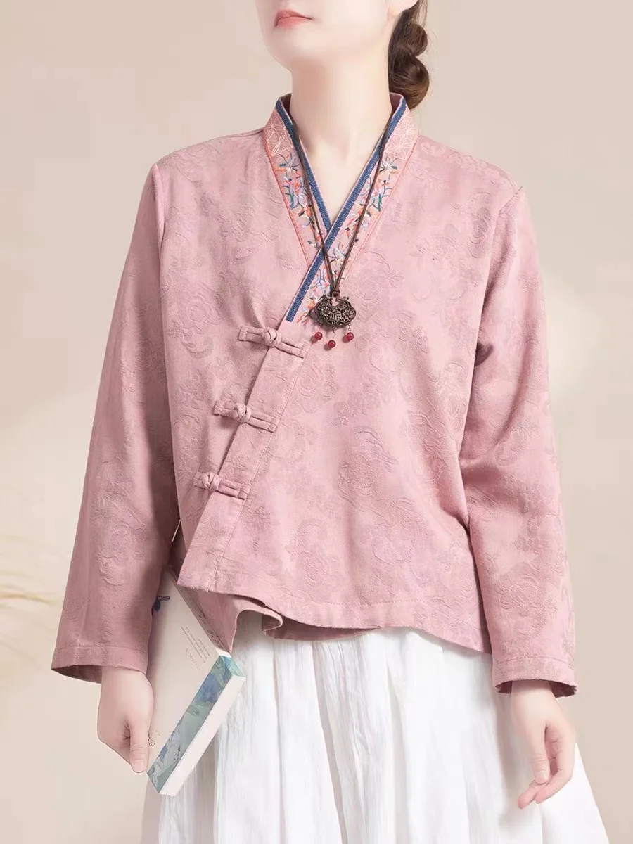 

Китайский национальный тренд Sle с перекрестным воротником на пуговицах, вышитый хлопок и лен, женский весенний маленький размер, улучшенный Hanfu Flo...