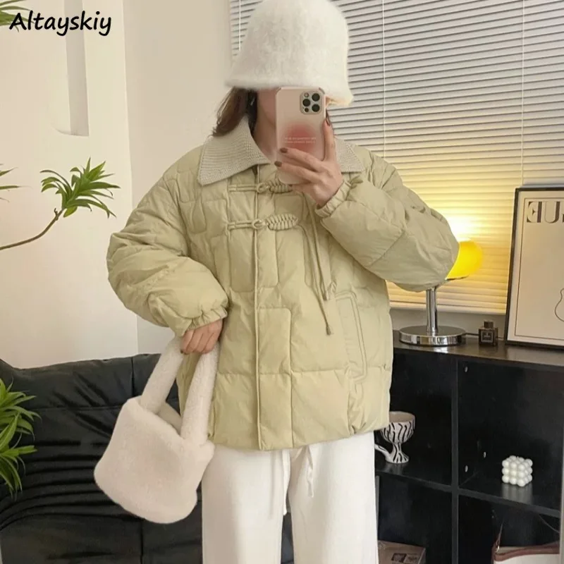 Chinese Style Parkas Women Winter Sweet Female Button Design Elegant Gentle Patchwork Streetwear All-match Leisure Minimalist