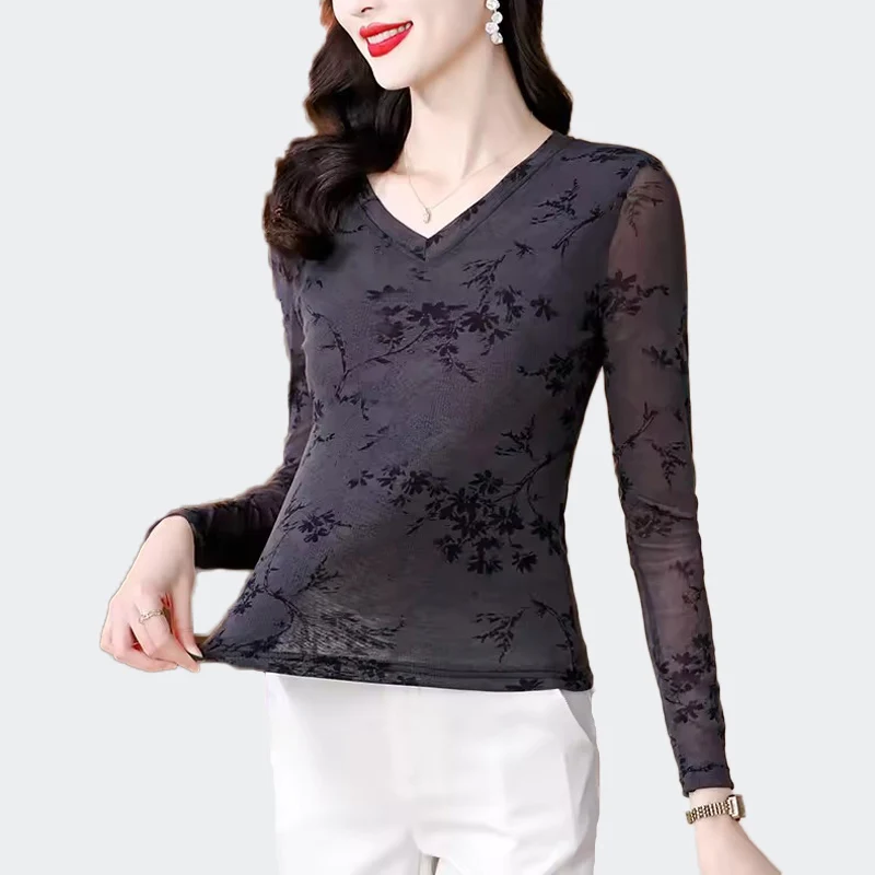 

Long Sleeve Printed Mesh Shirts For Women High Stretch Slim Blouse Basic T-Shirt Femme Pullover Tops Blusa Mujer