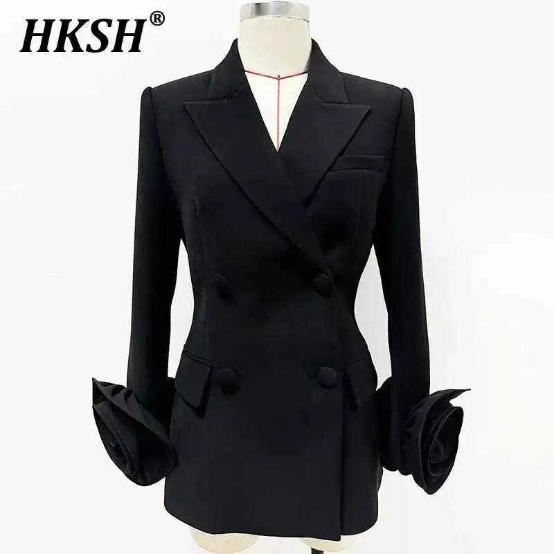 

HKSH 2025 Spring New Women Tide Dark Star Fashion Cuff 3D Flower Decoration Double Breasted Coat Slim Fit Suit Y2K Jacket HK4242